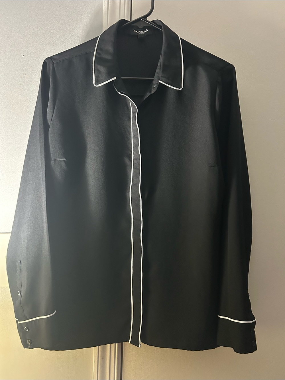 Express Black Satin Button-Front Blouse with White Trim